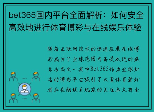 bet365国内平台全面解析：如何安全高效地进行体育博彩与在线娱乐体验